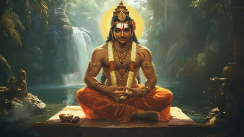 Forest yogi glows in golden stillness beside sacred waterfall.
