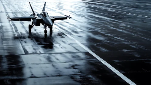 Solitary fighter jet on rain-soaked runway in cold light.