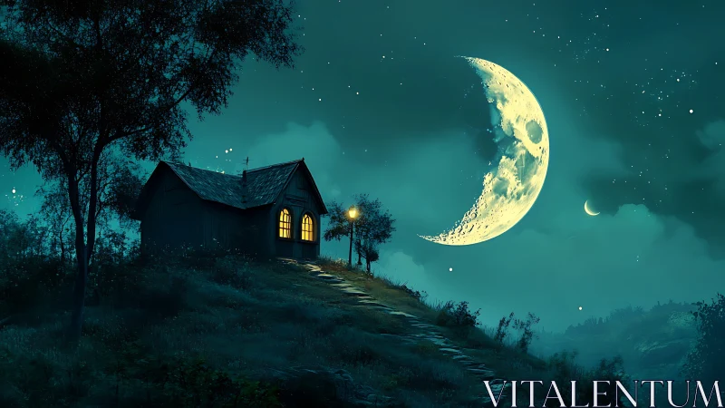 Moonlit hillside cottage under a storybook emerald sky.
