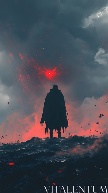 Lone wanderer meets a blazing red sky of swirling mystery.