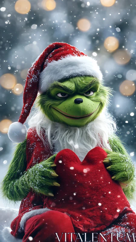 Mischievous green Christmas guest holds a bright red heart