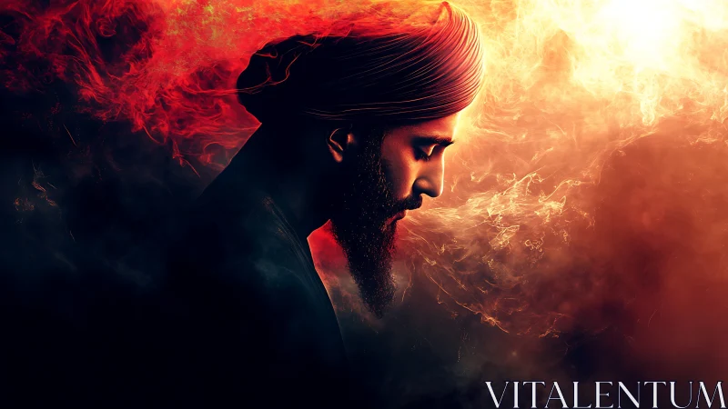 Side-lit turbaned profile merges with volumetric fiery nebula plume