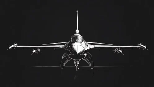 Fighter jet frontal portrait rendered in minimalist monochrome art.
