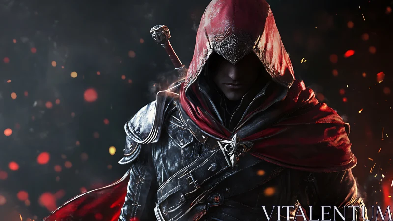 Hooded duskblade strides through embers with crimson resolve