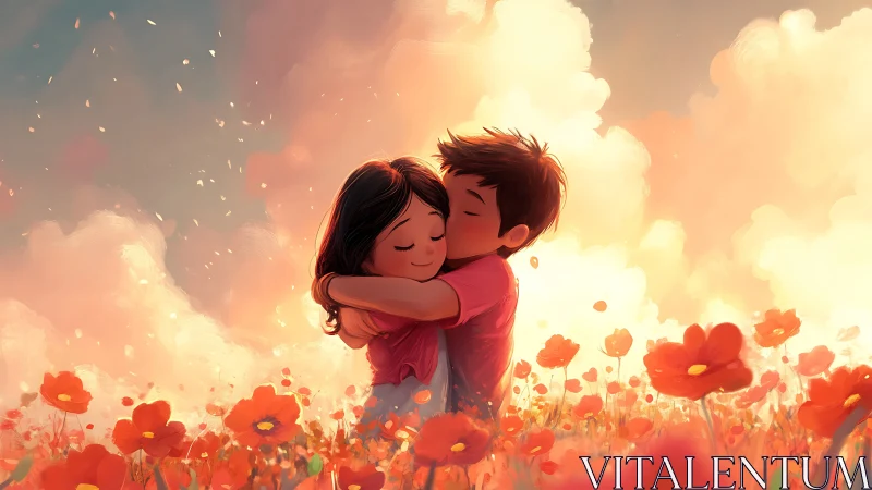 Young couple embracing in vibrant poppy field.