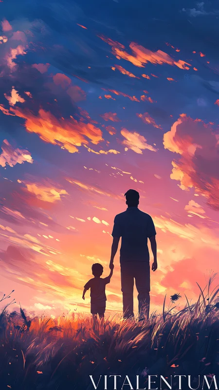 Silhouetted adult and child walking at sunset horizon.