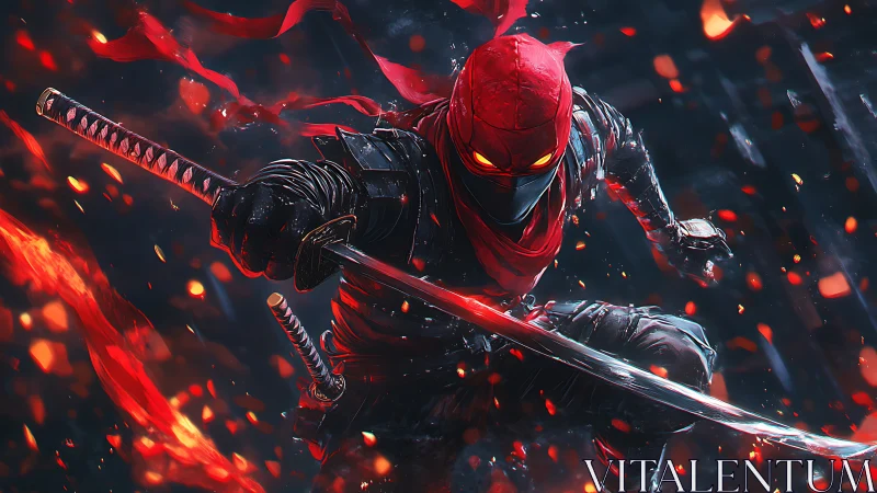 Red masked ninja with twin katanas in fiery combat pose.