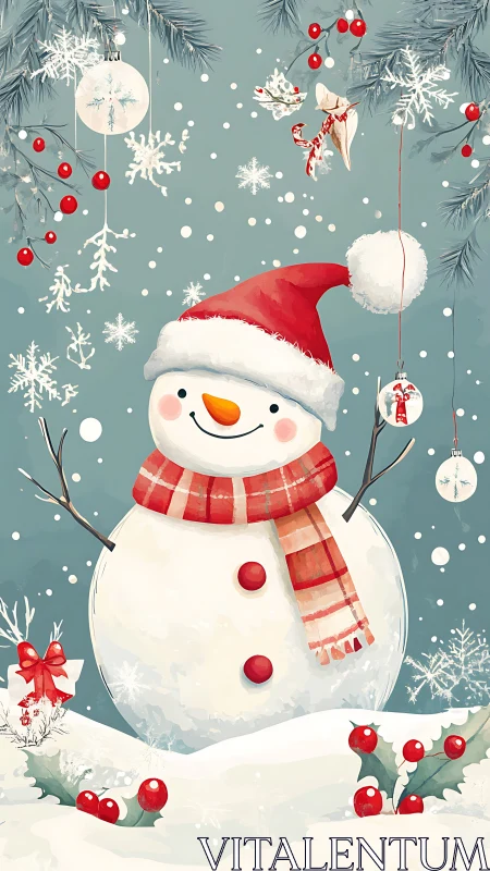Snowman illustration with festive ornaments and snowfall field.