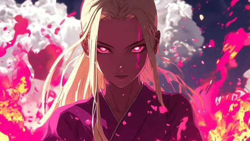 Anime sorceress with glowing eyes commands pink firestorm.