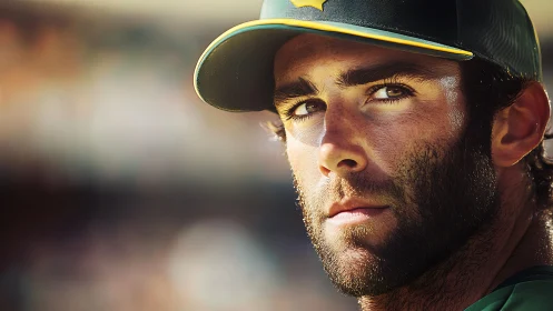 Focused baseball player gazes intensely toward the field.