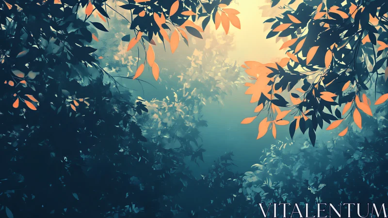 Sunlit forest canopy with glowing orange foliage