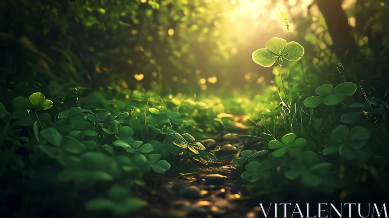 Backlit clover path captures shallow-depth forest microcosm