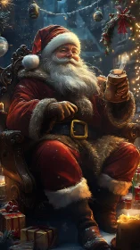 Cozy Santa relaxing with cocoa under twinkling Christmas lights.