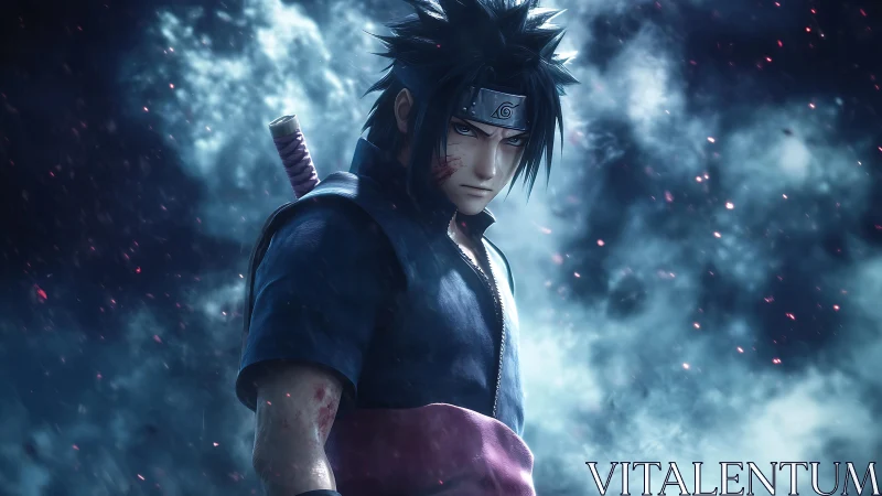 Storm-lit ninja stands brooding as embers drift in twilight