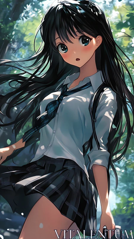 Sunlit anime schoolgirl in forest path with dynamic hair motion