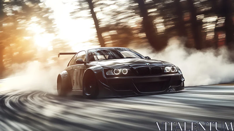 Black race car drifting on track with motion blur effect.