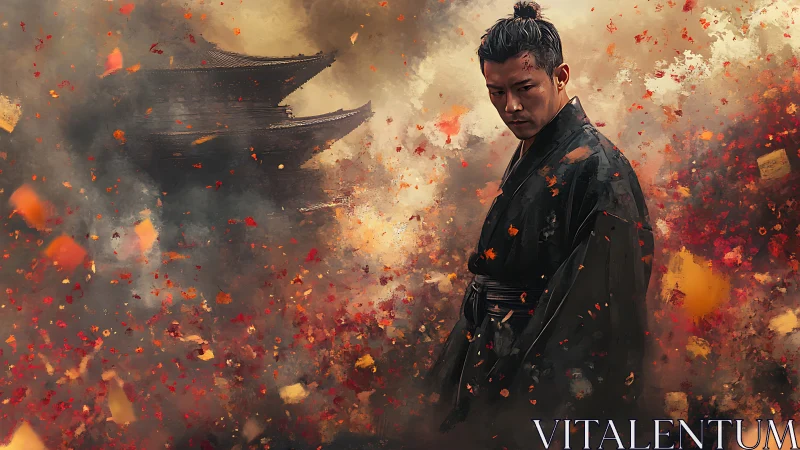 Samurai stands amid burning embers and ruined temple scene.