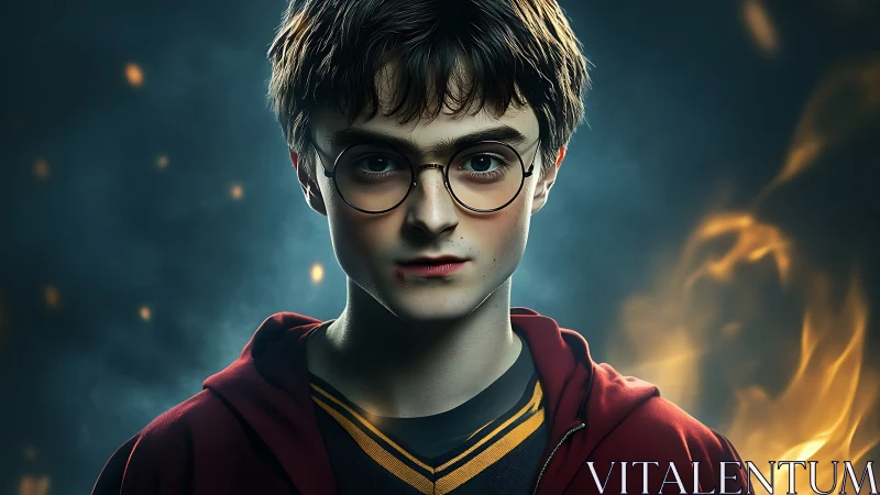 Young wizard portrait with cinematic firelit atmosphere.
