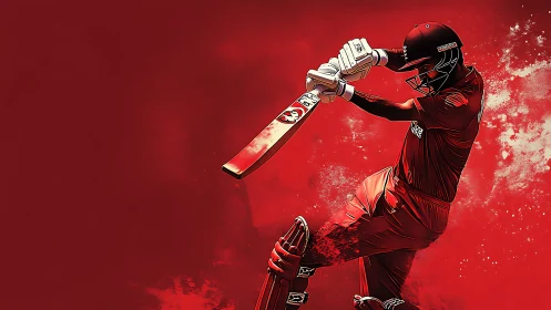 Crimson cricket striker caught mid-swing in blazing motion.