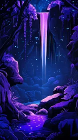 Vertical waterfall flows into illuminated forest pool
