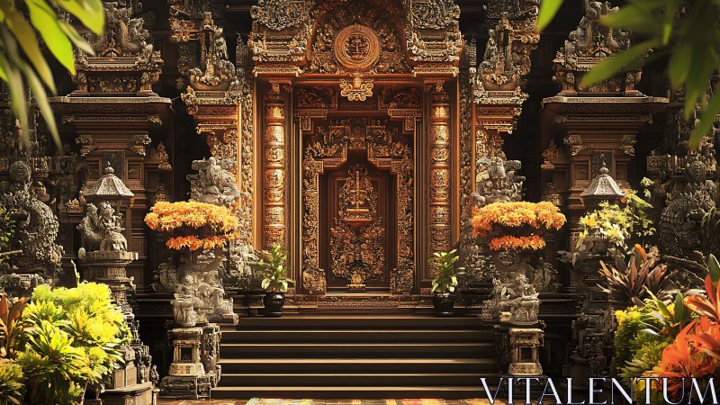 Intricately carved temple entrance framed by dense foliage