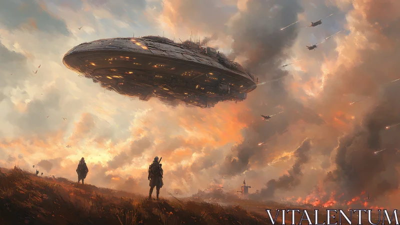 Colossal alien warship looms over battlefield at fiery dusk