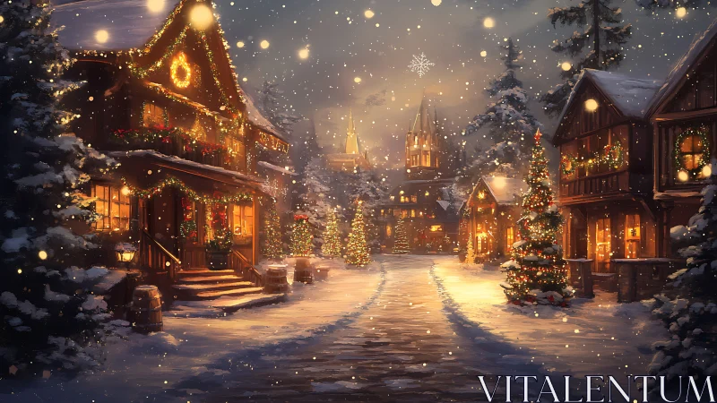 Snowy Christmas village street under warm festive lights.