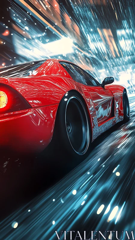 Red sports car is rendered in motion within light trails