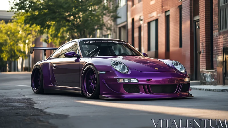 Sleek purple sports car glowing in a quiet city street.