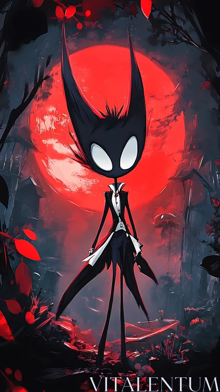 Moonlit shadow jester under a crimson eclipse sky.