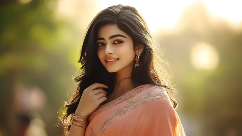 Backlit portrait in warm bokeh field with embroidered sari detail.