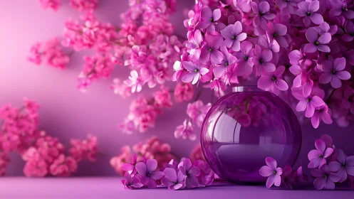 Luxurious Purple Perfume Surrounded by Blooming Flowers