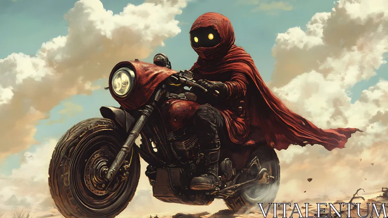 Hooded figure on motorcycle crossing dusty open landscape.