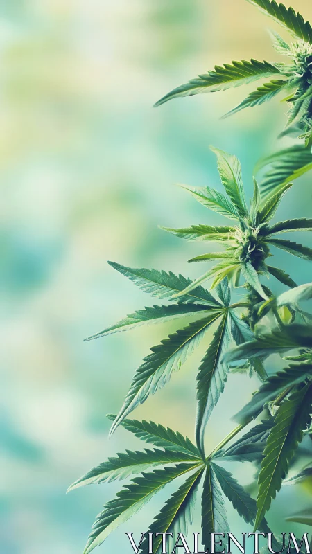 Sunlit cannabis leaves dancing in minty morning haze.