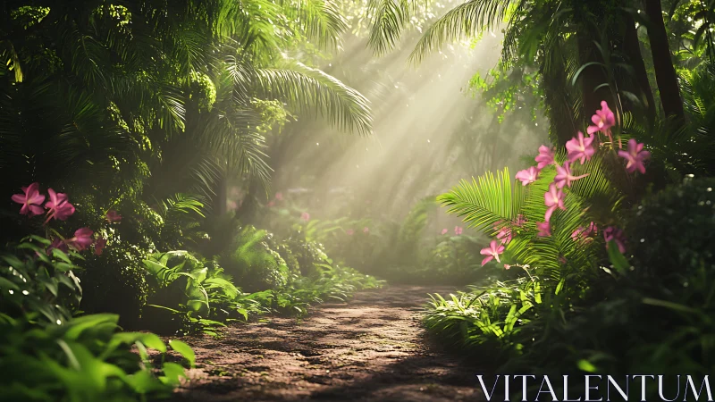 Mystical Jungle Path with Pink Flowers and Sunrays.