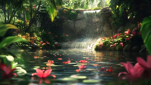 High-detail tropical waterfall pool with volumetric sunlight and floral scatter
