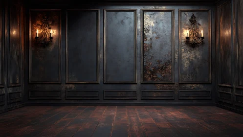 Candlelit vintage room glows softly against worn dark walls