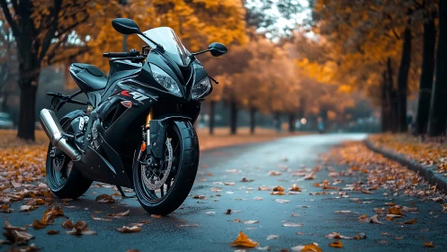 Midnight sportbike pauses on a rain kissed autumn avenue.