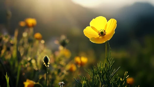 Backlit yellow wildflower captured with shallow depth of field