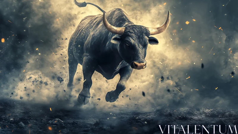 Charging bull rendered in dynamic cinematic digital painting