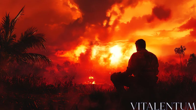 Soldier watching blazing battlefield under red sky.