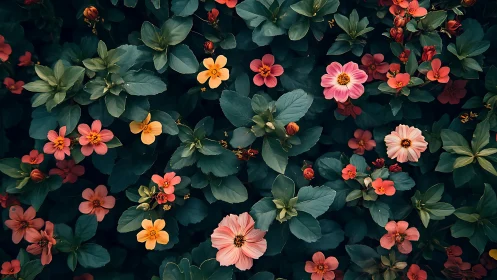 Vibrant Flower Garden: Coral Blooms and Lush Green
