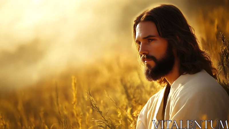 Bearded man in white robe seated in golden sunset field.