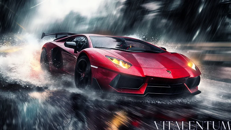 Red supercar powers through neon rain-slicked city streets.