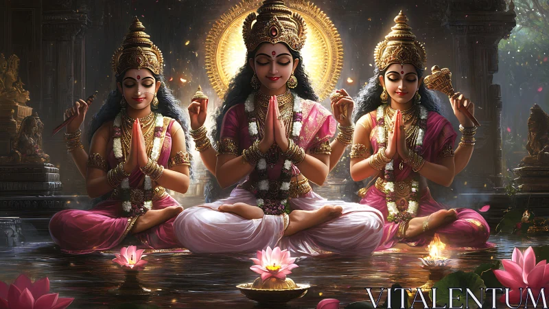 Triptych of meditative goddesses in symmetrical temple water scene