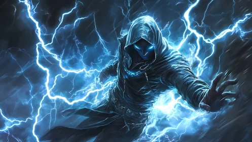 Hooded lightning conjurer in dynamic blue energy storm.