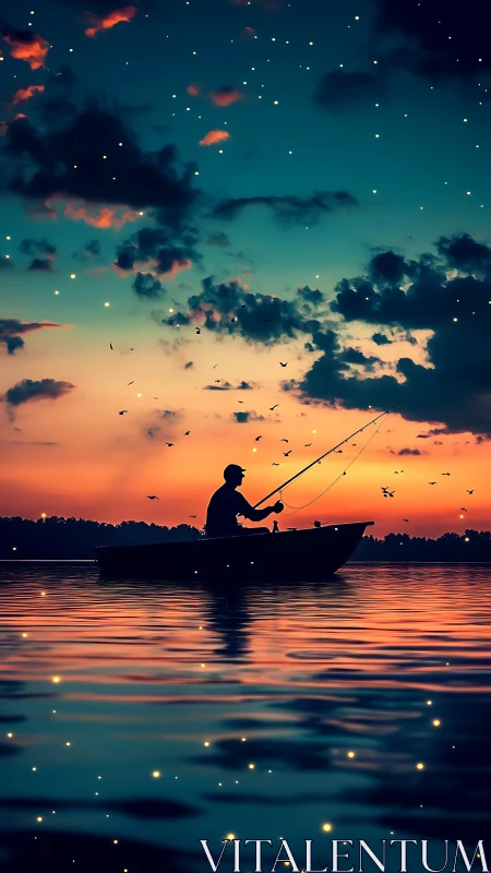 Starlit angler drifts across a twilight-painted dream lake.