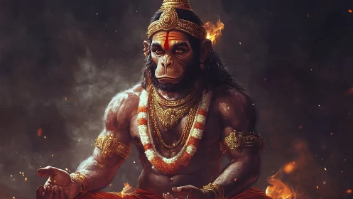 Mythic simian deity in meditative pose amid embers and smoke