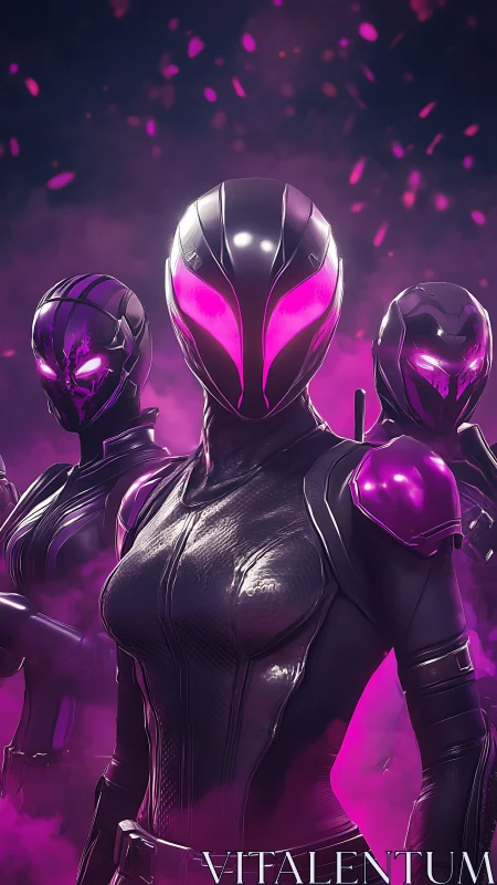 Neon cyber warriors in violet tactical armor formation.