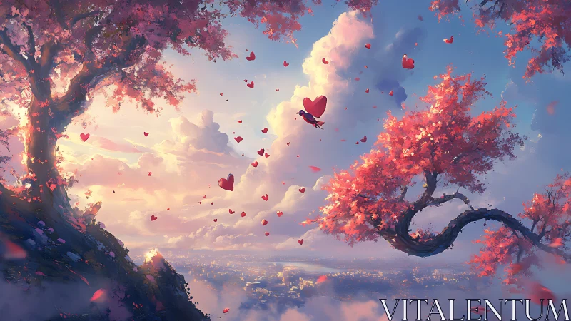 Floating Hearts Over Dreamlike Valley with Glowing Trees.